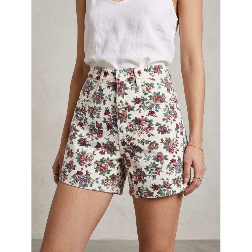 Vintage 90s California Concepts Floral Denim Shorts 26" White Pink High Rise Mom